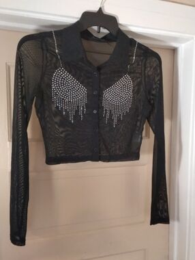 Hot & Delicious Black Sheer Rhinestone-Embellished Cropped Button-Up